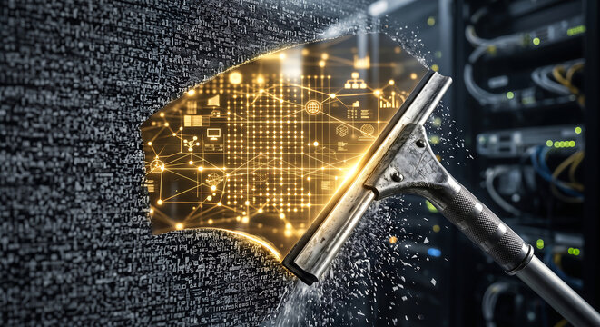 Squeegee wiping messy database code to reveal clean data network