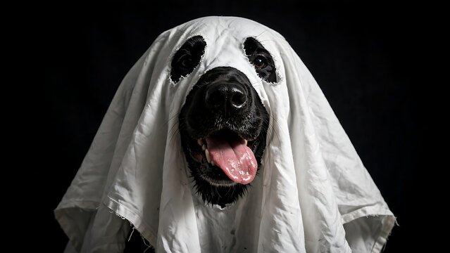 Black Dog wearing White Sheet Ghost Costume for Halloween