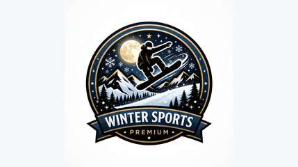 Fototapeta premium Premium Winter Sports Badge Vector with Snowboarder Mountains and Night Sky