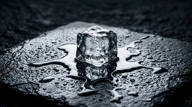 Single melting ice cube on dark stone surface with water puddles