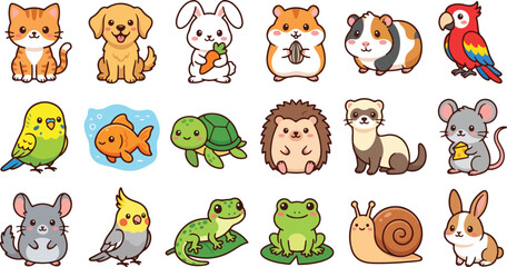 Obraz premium Cute Kawaii Domestic Small Pets Animals Vector Sticker Set