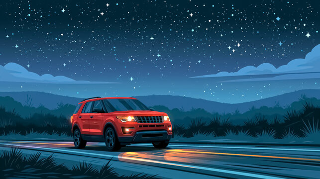 Flat illustration of a red SUV on a quiet road under a starry night sky
