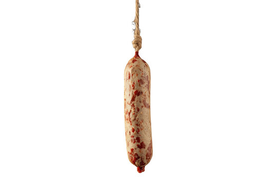 Thin dried sausage hanging from string