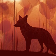 Naklejka premium Fox stands quietly in front of glowing leaves during dusk in a serene natural environment filled with warm colors.