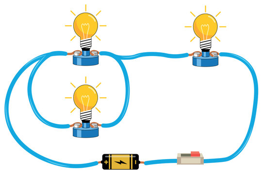 Series and parallel electrical circuits. Parallel circuit, Series circuit, basic electric circuits experiment vector. Kirchhoff voltage law. series and parallel circuits with Batter and light bulb