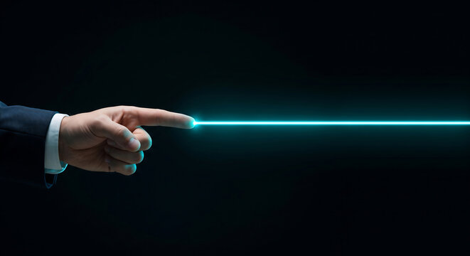 Hand pointing with glowing cyan laser line on black background