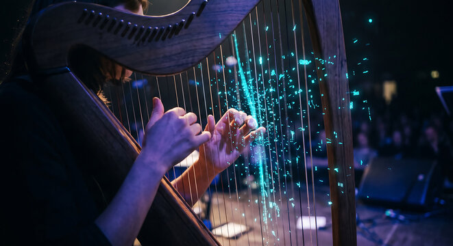Musician playing wooden harp with glowing digital particle effects