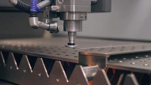 Industrial CNC laser cutting machine head processing a metal sheet in a factory.