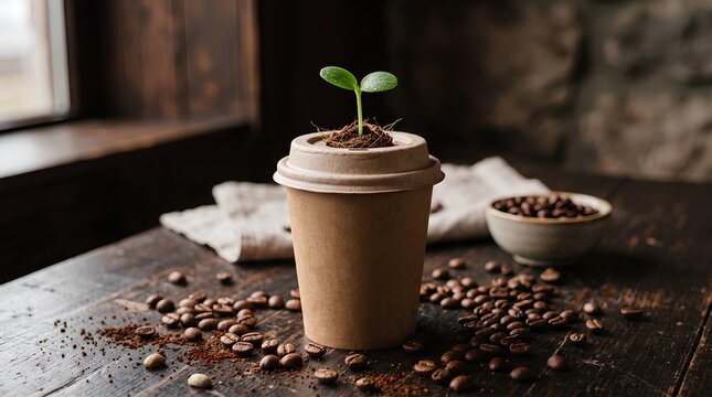 Coffee seedling growing from a paper cup on wooden table.