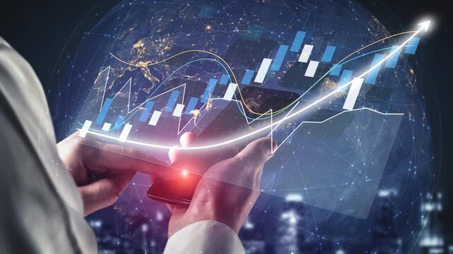 Close-up of hands holding a smartphone displaying a financial graph, showcasing growth and data visualization against a global city backdrop at night. Copula