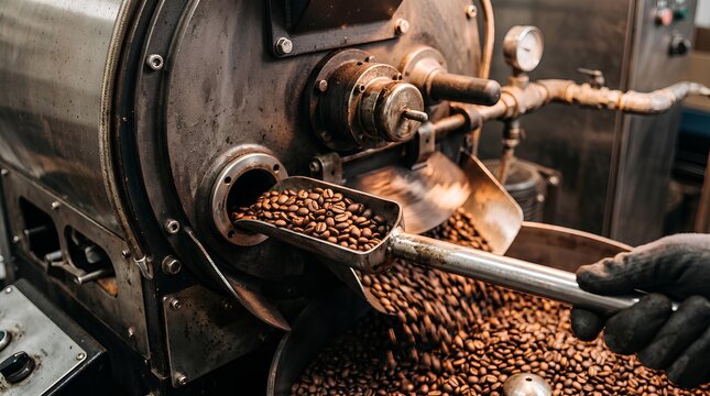 Freshly roasted coffee beans pouring from a commercial roaster into a scoop.