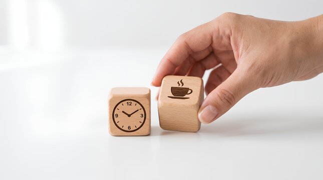 Hand placing wooden blocks with clock and coffee icons.