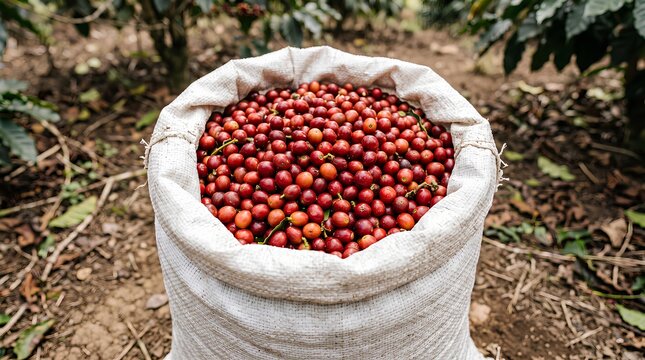 Full burlap sack of harvested red coffee cherries on the ground.