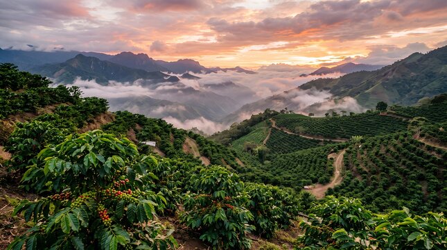 High-altitude coffee plantation landscape with mountains and morning mist.