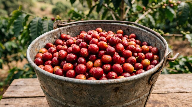 Metal bucket overflowing with freshly harvested red coffee cherries.