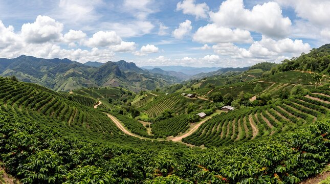Panoramic view of terraced coffee plantations in a tropical mountain valley.