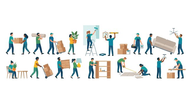 People moving furniture and cardboard boxes into a new house.