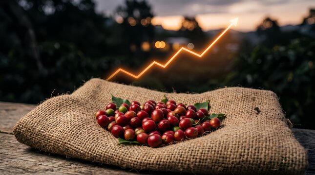 Red coffee cherries on burlap sack with rising financial line graph.