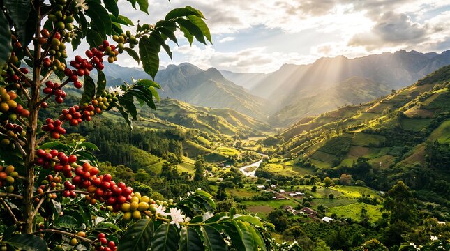 Ripe red coffee cherries on branch against sun-drenched mountain valley background.