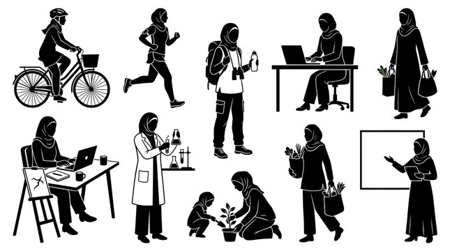 Silhouettes of diverse Muslim women in various professional and daily activities.