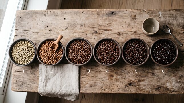 Six bowls showing coffee roasting stages from green beans to dark roast.