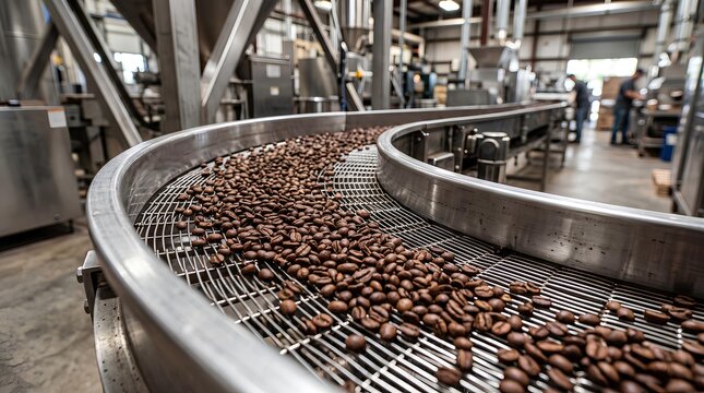 Roasted coffee beans moving along industrial conveyor belt in factory.