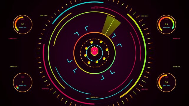 A digital penetration testing interface displays circular scanning monitors with glowing geometric symbols and radial gauges animating across a dark screen to show network security analytics
