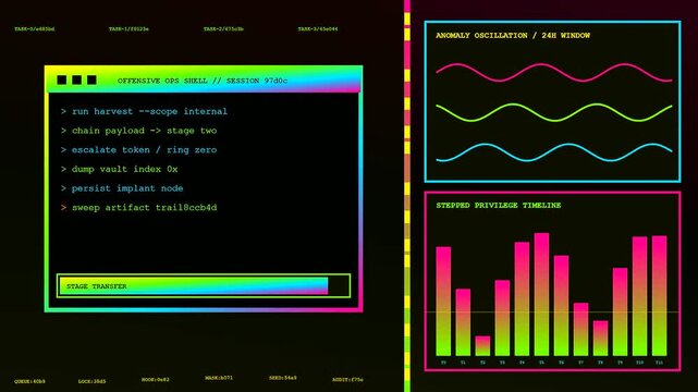 A digital penetration testing interface displays fluctuating wave patterns and bar graphs within a glowing vibrant software terminal designed for analyzing complex data network security operations