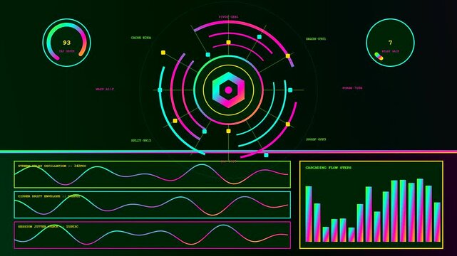A digital penetration testing interface displays fluctuating wave patterns and circular status indicators within a colorful geometric monitoring screen set against a dark computer console environment
