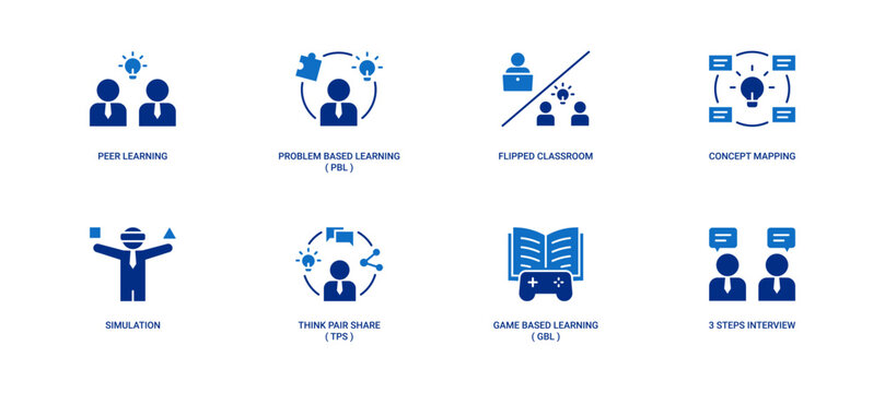 Active Learning icon set containing peer learning, PBL, flipped classroom, concept mapping, simulation, TPS, GBL, and three-steps interview vector concept illustration with transparent background