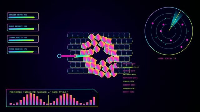 Penetration testing progress visualized via digital interface as bright geometric blocks crumble within a dark simulated environment displaying data charts and radar circular graphs cycling sequence