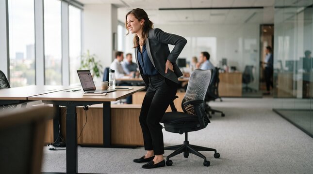 businesswoman experiencing sudden back pain while standing up from desk in modern office