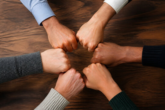 Multiple arms with fists are gathered in a circle on a wooden table, suggesting unity or teamwork.