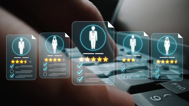 Modern Digital Recruitment Process with Technology Interface Showcasing Resumes and Candidate Ratings in an Office Environment Sigmoid