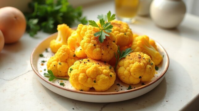 Coliflor asada sazonada con c&uacute;rcuma, comino y perejil fresco