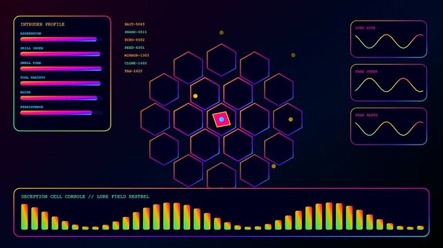 A digital penetration testing interface displays fluctuating hex grids with vibrant neon spectrum wave patterns across multiple monitors showcasing complex analytical data flow in dark environments