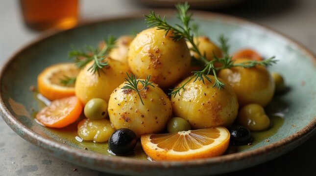 Bulbos de hinojo asados ​​con rodajas de c&iacute;tricos, aceitunas y eneldo fresco