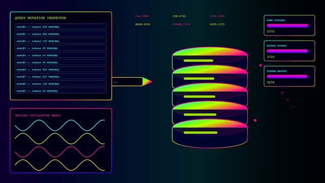 a penetration testing interface visualizes data processing through digital panels and glowing neon wave graphs while server nodes update dynamically in a dark virtual environment