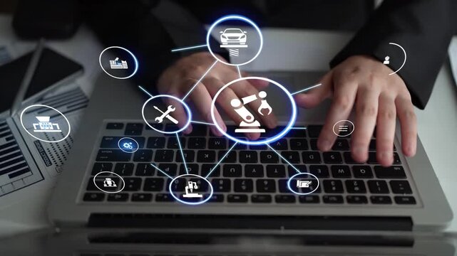 Mechanized industry automation and modern production system with robotic arms, gears, tools and loFunnelics for efficient mechanized industry process. Funnel