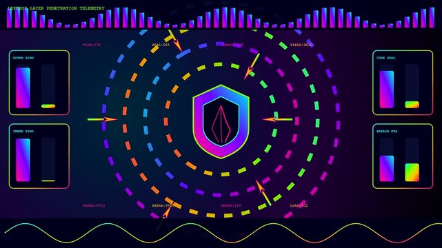 Penetration testing data streams appear on a digital interface featuring circular shields and glowing waveform graphs indicating security status in a dark neon computer display