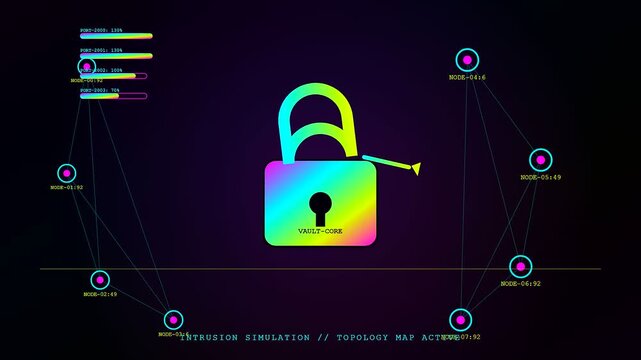 A digital penetration testing simulation displays a glowing padlock icon surrounded by a dark neon interface featuring interconnected nodes showing data flow patterns during cybersecurity monitoring