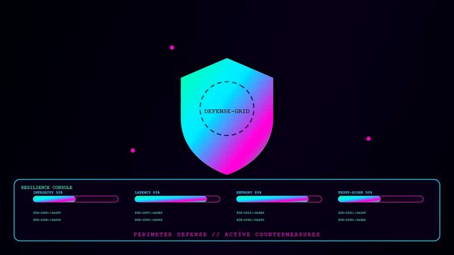A digital penetration testing display reveals shifting progress bars with glowing neon shields inside a virtual interface demonstrating system vulnerability and changing data analysis results