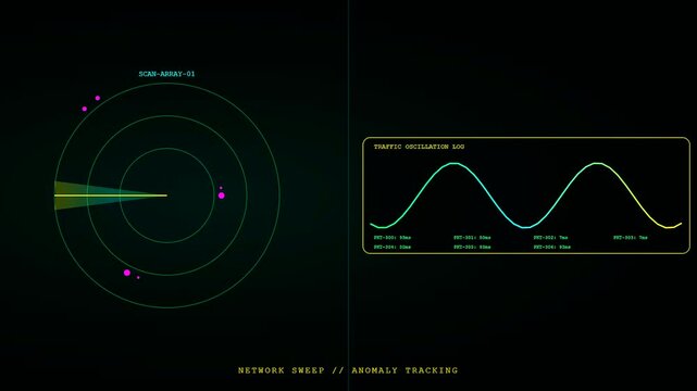 Penetration testing displayed as a digital radar interface showing flickering wave patterns and cycling data points within a dark computer monitor for advanced security monitoring surveillance