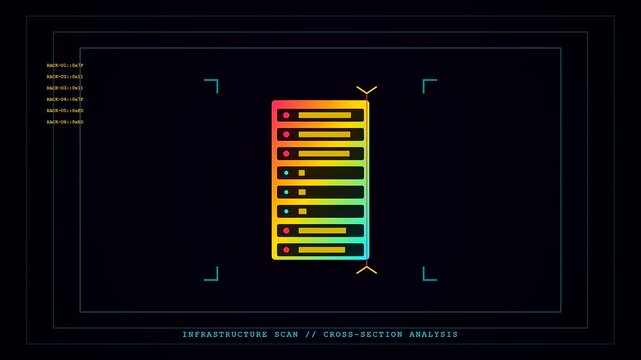 A digital penetration testing interface displays colorful server status blocks shifting across a dark display grid during a detailed audit of modular network node system components