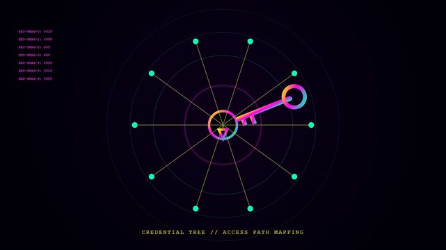 Digital penetration testing interface displaying circular biometric path analysis with glowing key icons and radial nodes evolving across dark screen in a complex computational sequence