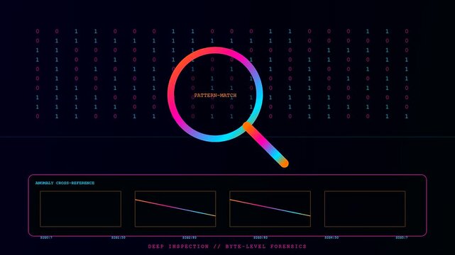 Performing a professional penetration testing routine on binary streams with a glowing digital magnifying glass to monitor numerical patterns and detect suspicious code sequence shifts