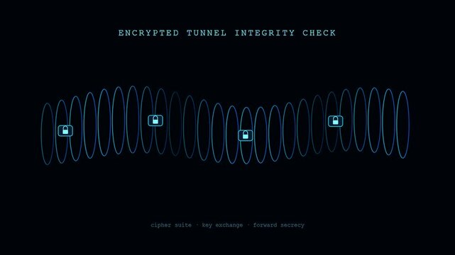 A digital penetration testing animation features shifting light waves and glowing lock icons as they traverse a dark interface to monitor network data security protocols