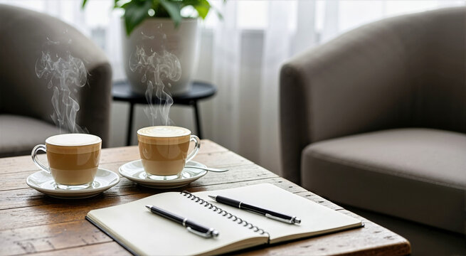 Steaming cappuccino cups on a reclaimed wooden table. Open spiral notebook with pens in a bright cafe. Coffeehouse meeting and planning concept