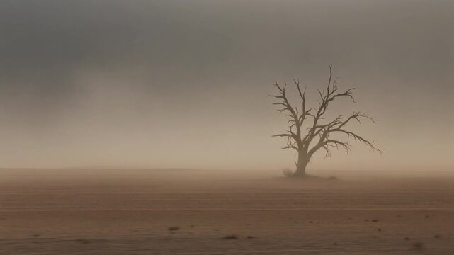 Minimalist Desert Plain Before a Storm with a Lone Twisted Dead Tree and Blowing Dust, Cinematic Mood