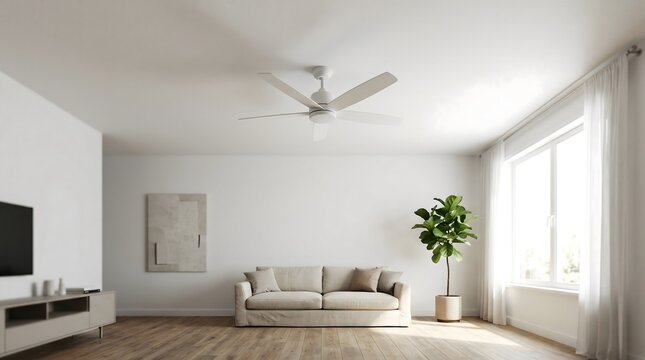 Modern Minimalist Living Room Interior With White Ceiling Fan And Sofa